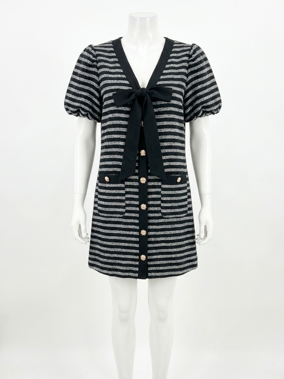 NEW ENTRO stripe boucle bubble sleeve mini dress in ecru black